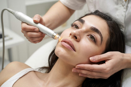 A woman enjoys a soothing facial treatment while a skilled practitioner gently applies a device to her skin, promoting relaxation and rejuvenation.の素材