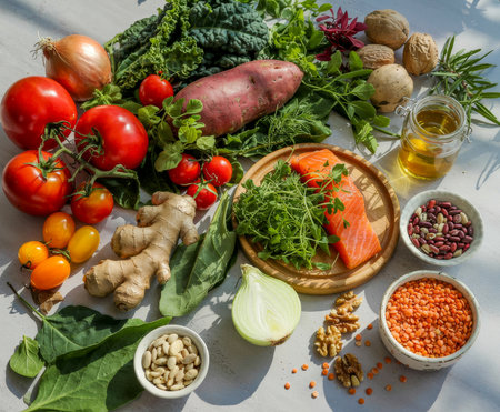 Fresh ingredients are artfully arranged on a light gray surface, showcasing a variety of colors and textures for a healthy meal.の素材