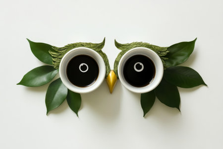 Two creatively designed coffee cups sit side by side, their black contents forming an 'o' as green leaves add a natural touch, highlighting symmetry.の素材