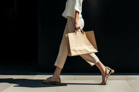 A fashionable woman strolls down the street, balancing paper shopping bags while dressed in a chic outfit under natural light.の素材