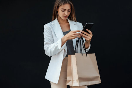 A stylish woman in a white shirt and beige pants juggles shopping bags while focused on her phone, all against a black backdrop.の素材