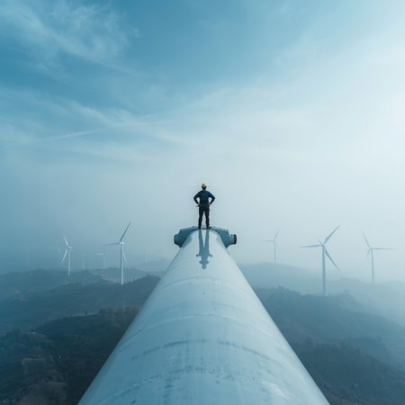 A maintenance worker confidently stands on top of a wind turbine, gazing across rolling hills and multiple turbines at dawn. The sky is a gradient of blue, adding to the dramatic scene.の素材