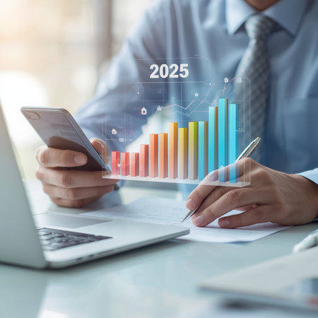 A business analyst uses a smartphone and laptop to explore data charts and trends. The vibrant graph shows projections for 2025, highlighting key insights for strategic planning.の素材
