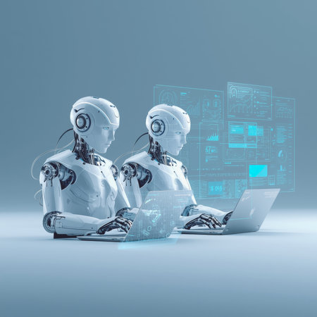 Two humanoid robots operate laptops, surrounded by glowing digital displays in a futuristic setting. They engage in advanced activities, showcasing technology and innovation.の素材