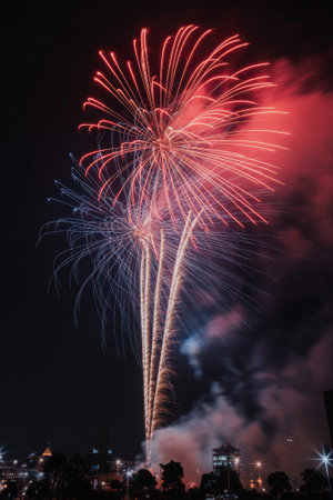 Vibrant fireworks burst across the dark sky, illuminating the city and creating a dazzling display of colors during a nighttime celebration.の素材