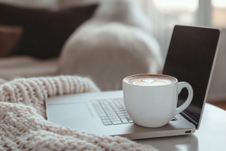 A warm cup of coffee rests on an open laptop, surrounded by a soft, cozy atmosphere, inviting relaxation and focus on work.の素材