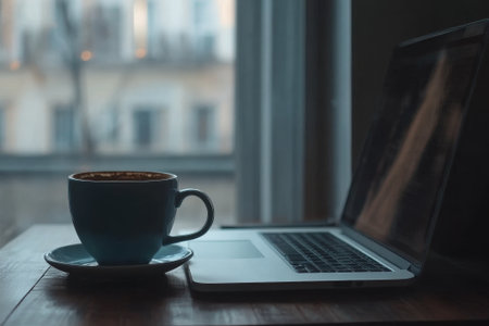 Warm sunlight filters through the curtains as a cup of coffee sits next to an open laptop, fostering a tranquil workspace for the morning.の素材