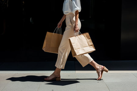 A fashionable woman strolls down the street, balancing paper shopping bags while dressed in a chic outfit under natural light.の素材