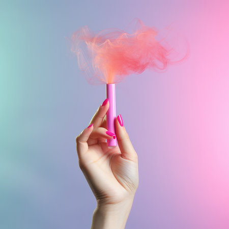 Hand holding a glass flask with colorful smoke as a cigarette smoking concept created with a generative AI technologyの素材