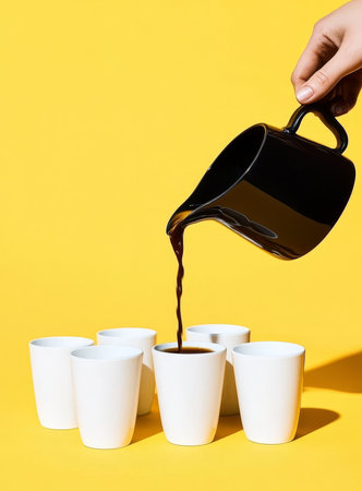 A hand elegantly pours rich, dark coffee from a sleek black jug into neatly stacked white cups on a bright yellow surface. This moment captures enthusiasm for morning rituals.の素材