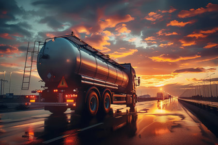 Shiny tanker truck drives away on a wet road at sunset, reflecting city lights with industrial structures silhouetted against a fiery sky.の素材