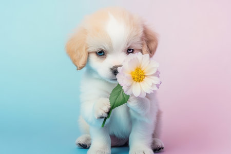 This adorable puppy sits gently gripping a flower, showcasing pure innocence and joy in a whimsical pastel world.の素材