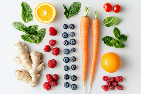 Brightly colored fruits, vegetables, and herbs are beautifully arranged, creating an appealing visual display of healthy eating.の素材