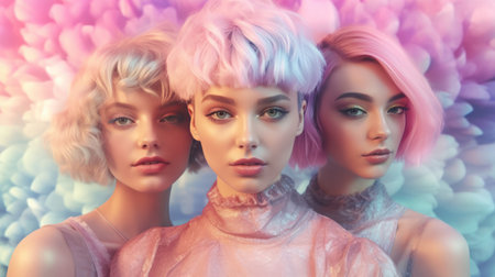 Three modern futuristic short hair young women on the pastel background, created with generative AIの素材