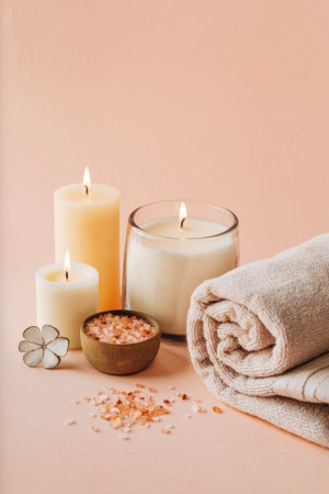 Prepare for a calming spa day with essential items including soft towels, scented candles, and bath salts. Create a serene atmosphere for relaxation and self-care in your personal space.の素材