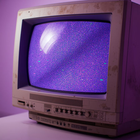 A vintage CRT monitor with a worn bezel displays a screen full of purple static. The scene captures a nostalgic vibe in a low-light setting, evoking memories of past technology.の素材