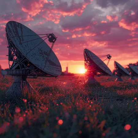 Satellite dishes sit on a grassy field, showing signs of wear and rust. The sunset casts vibrant colors in the sky, creating a serene atmosphere. The scene captures the blend of technology and nature.の素材