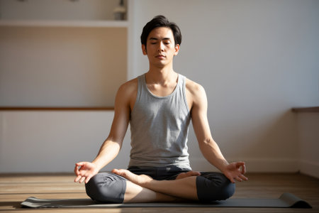 A young Japanese man sits cross-legged on a yoga mat, focusing on his breath while practicing meditation. The calm indoor setting enhances his concentration and tranquility.の素材
