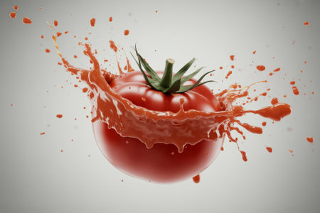 A bright red tomato is captured mid-explosion, with juice splattering in all directions. The scene highlights the vivid color and freshness of the vegetable, set against a soft gray backdrop.の素材