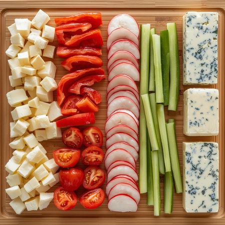 A wooden cutting board displays a vibrant layout of fresh ingredients, including red peppers, radishes, cherry tomatoes, celery sticks, and different types of cheese, ideal for snacking or meal prep.の素材