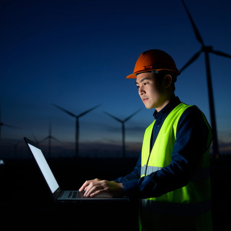 A male worker in a safety vest and hard hat focuses on his laptop while surrounded by wind turbines under a dark sky. The scene captures a blend of technology and industry at night.の素材