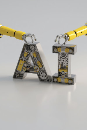 Mechanical arms connect the letters A and I, showcasing a creative representation of artificial intelligence. The design highlights the intricate details of technology in a futuristic setting.の素材