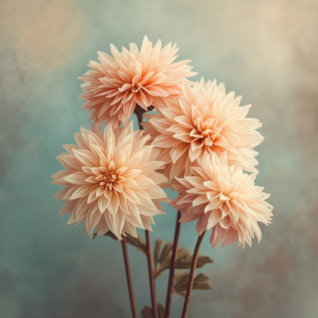 Three large flowers with soft petals stand gracefully against a muted background. The pastel colors evoke a sense of calm and beauty, inviting viewers to pause and appreciate nature's artistry.の素材