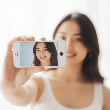 A young woman holds a smartphone in front of her, capturing a selfie with a cheerful smile. Soft, natural light enhances her features, creating a warm and inviting atmosphere.の素材