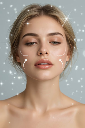 A young woman showcases skincare techniques in a well-lit indoor setting. She has a radiant complexion and is focused on enhancing her natural beauty through a simple routine.の素材
