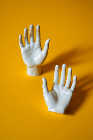 Two white ceramic hands are positioned on a vibrant yellow surface, showcasing their unique shapes and forms. This artistic arrangement highlights creativity and design.の素材