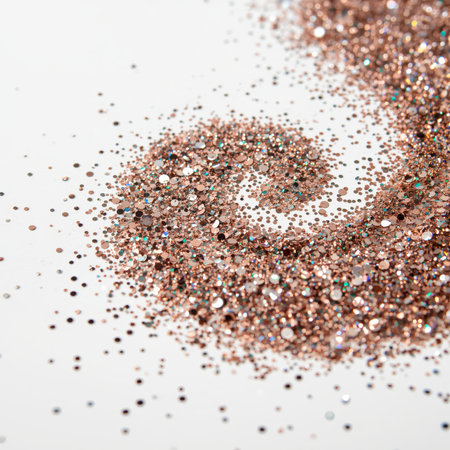 Shimmering holographic glitter particles scatter across a white background, forming an intricate swirl.の素材