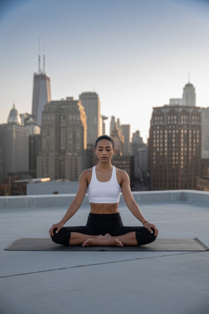 A young woman sits in a meditative pose on a rooftop, overlooking a bustling city skyline during sunset. The warm colors of the sky contrast with her serene focus.の素材
