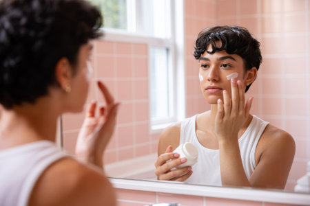 In a bright bathroom, a young non binary person applies moisturizer to their face while looking in the mirror. They focus on their skincare routine with a calm expression.の素材