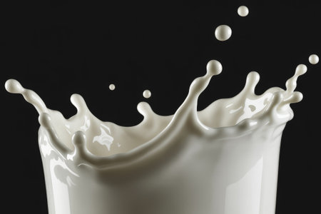 Milk is splashing dramatically in the air, forming beautiful droplets and waves.の素材