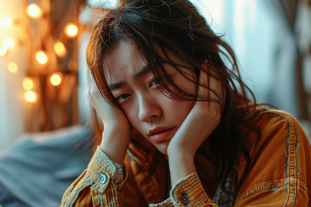 Young Asian woman in depression with her hands on her face created with generative AI technologyの素材