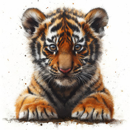 Bengal tiger cub sits with paws forward and ears perked up, displaying an intricate pattern of stripes and a soft fur coat. Its captivating blue eyes and alert expression suggest curiosity and attentiveness. The light brown, black, and white colors of the cubs fur are vivid against the neutral backdropの素材