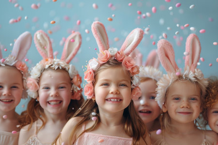 A group of kids wearing bunny ears smiles brightly as petals fall around them during an Easter celebration.の素材