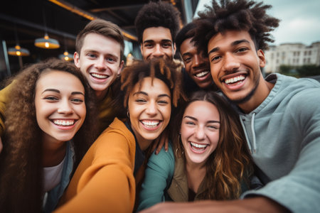 Group of happy young people taking a picture together created with generative AI technologyの素材