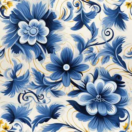 Traditional blue and yellow floral design Sicilian seamless pattern tile created with generative AI technologyの素材