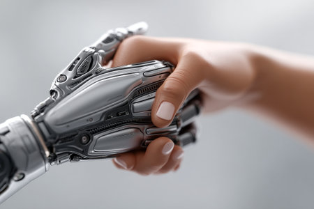 A woman's hand faces off against a robotic hand in an epic arm wrestling showdown, showcasing the blend of human strength and technology.の素材