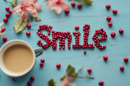 A cozy scene with red berry letters spelling smile, a steaming cup of coffee or tea, and delicate flowers.の素材