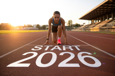 A dedicated runner crouches at the starting line, silhouetted by a vibrant sunset, ready to chase her dreams in 2026.の素材