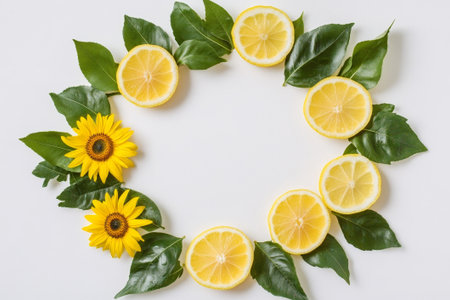 Fresh lemon slices and lively sunflower leaves form a delightful wreath, exuding summer vibes against a bright, white background.の素材