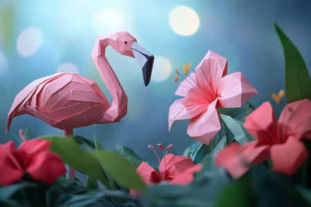 An origami flamingo surrounded by vibrant tropical flowers creates a stunning and captivating artistic display.の素材
