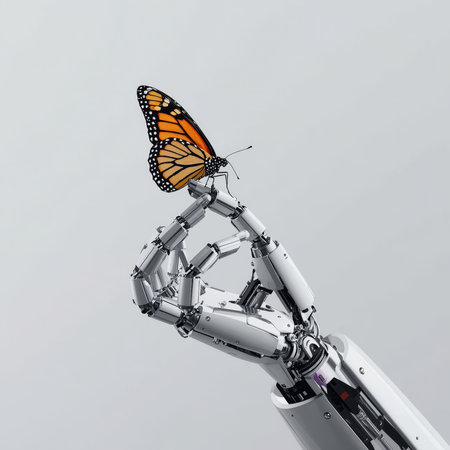 A mechanical hand carefully supports a colorful butterfly, showcasing the blend of technology and nature. This art reflects harmony between the robotic and natural worlds in a modern space.の素材