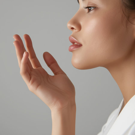 In a serene setting, a woman poses in a closeup side view. Her hand gently touches her face, highlighting her graceful features and soft expression, creating a calm and introspective atmosphere.の素材