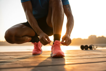 A person crouches down on a wooden dock by a tranquil lake, tying their shoelaces in bright sneakers. The sun rises in the background, casting a warm glow over the scene.の素材