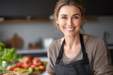 A smiling woman in casual clothing cooks in her contemporary kitchen, enjoying the process of preparing fresh ingredients with natural light.の素材