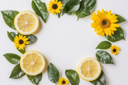Fresh lemon slices and lively sunflower leaves form a delightful wreath, exuding summer vibes against a bright, white background.の素材