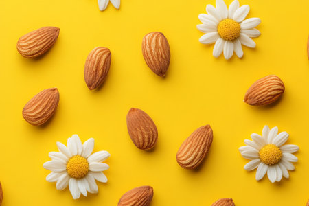 Almonds rest harmoniously among soft pink and white flowers, showcasing nature's beauty against a bright yellow canvas.の素材